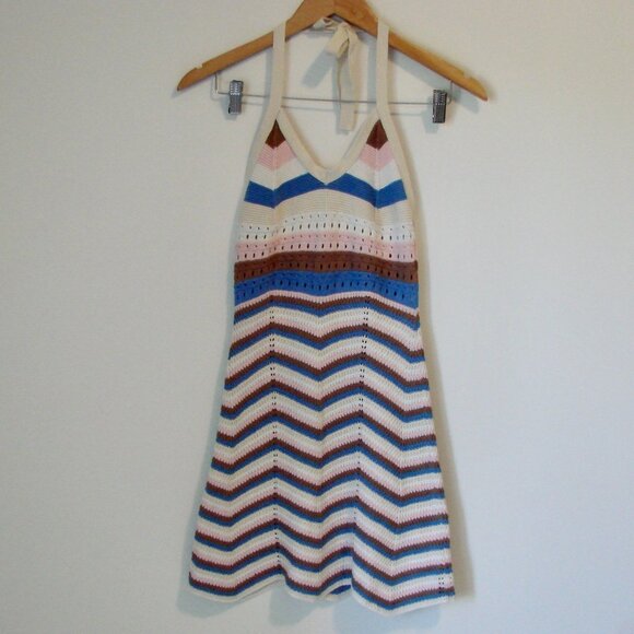 Crochet Knit Halter Summer Mini Dress Blue Pink Brown Beige Cotton Size Small - Picture 3 of 14